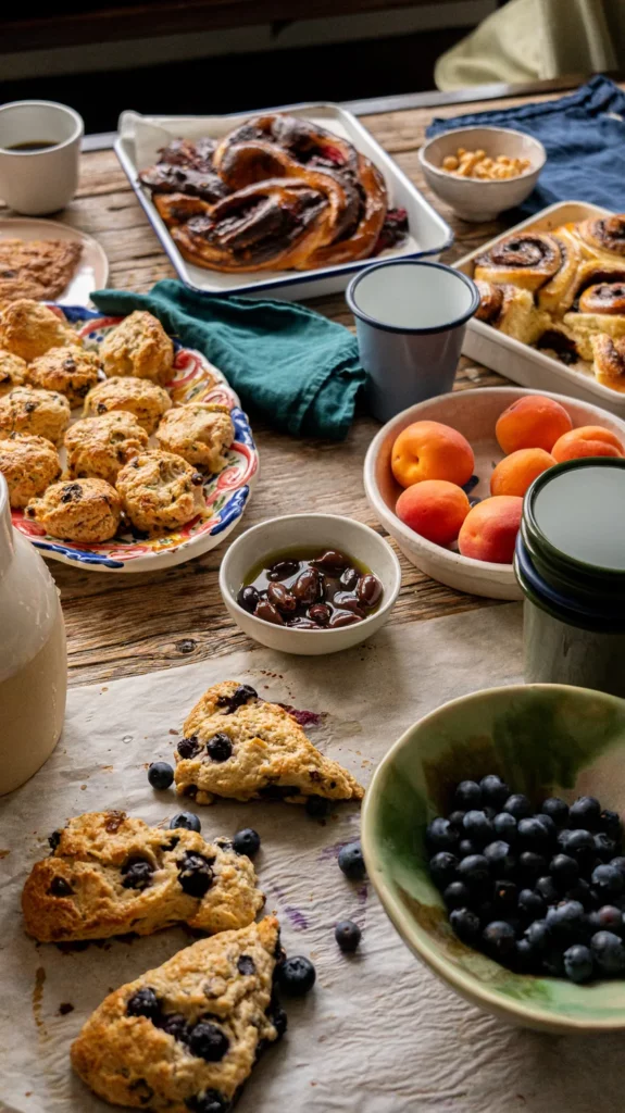 Table de brunch conviviale avec scones aux myrtilles, pains au chocolat et fruits frais chez Marlette