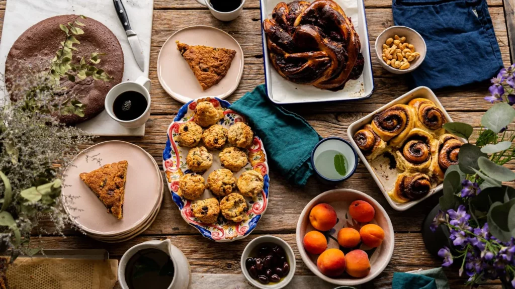 Assortiment gourmand de pâtisseries bio faites maison et café Marlette : gâteau au chocolat, muffins, pain aux raisins, fruits frais sur table en bois