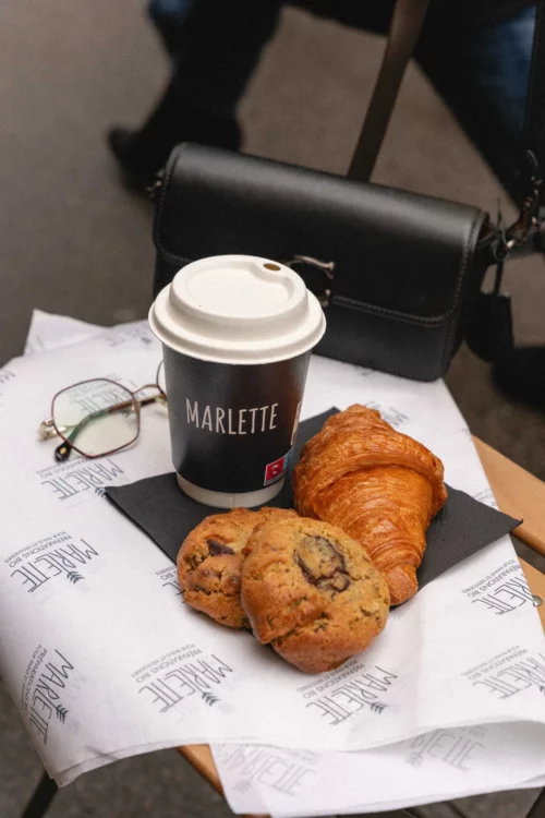 Marlette coffee and organic homemade pastries: croissant and chocolate chip cookies