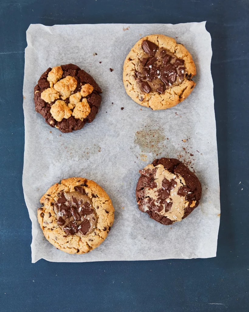 Quatre cookies bio faits maison de Marlette : deux au chocolat et deux aux pépites, sur papier kraft