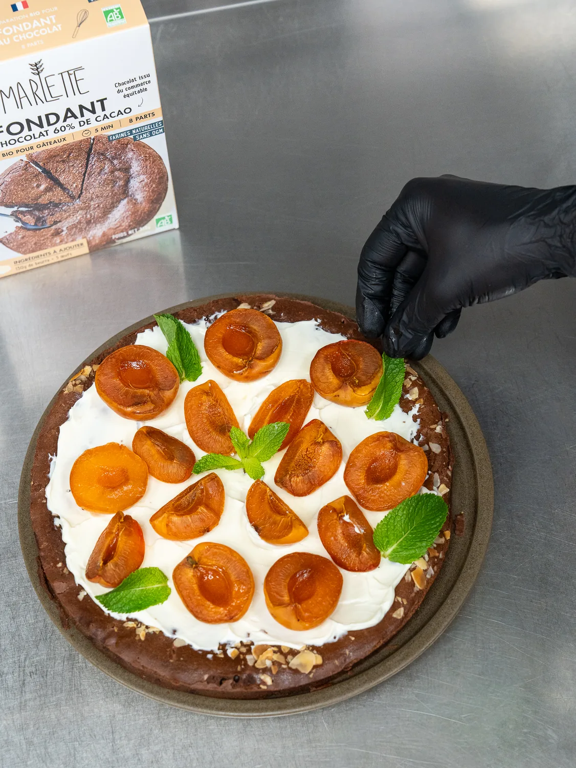 Tarte maison garnie de chocolat, crème et abricots frais avec feuilles de menthe, photographiée en atelier. Marlette, Montmartre.